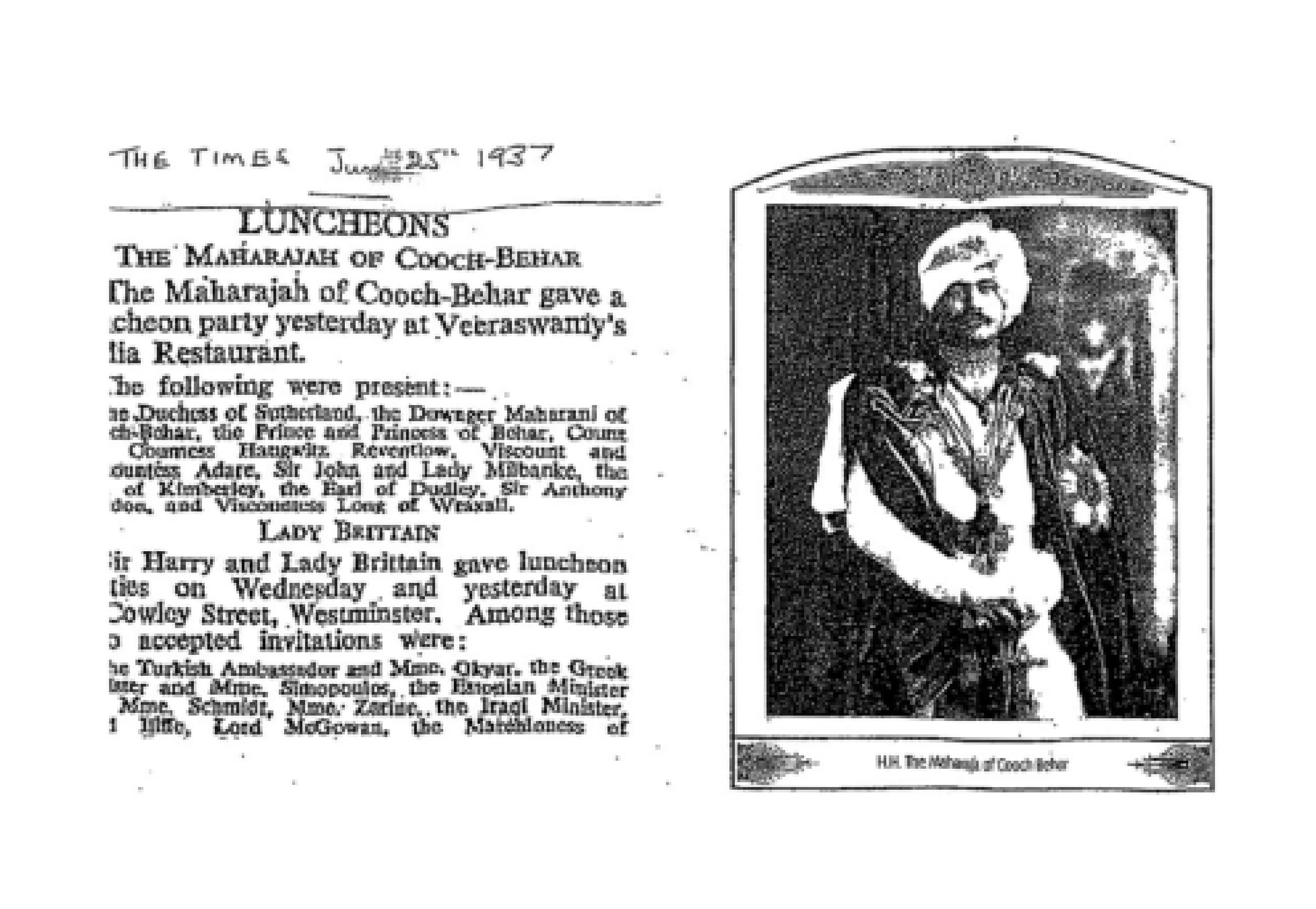 Maharaj of Cooch-Behar Luncheon at Veeraswamy June 1937