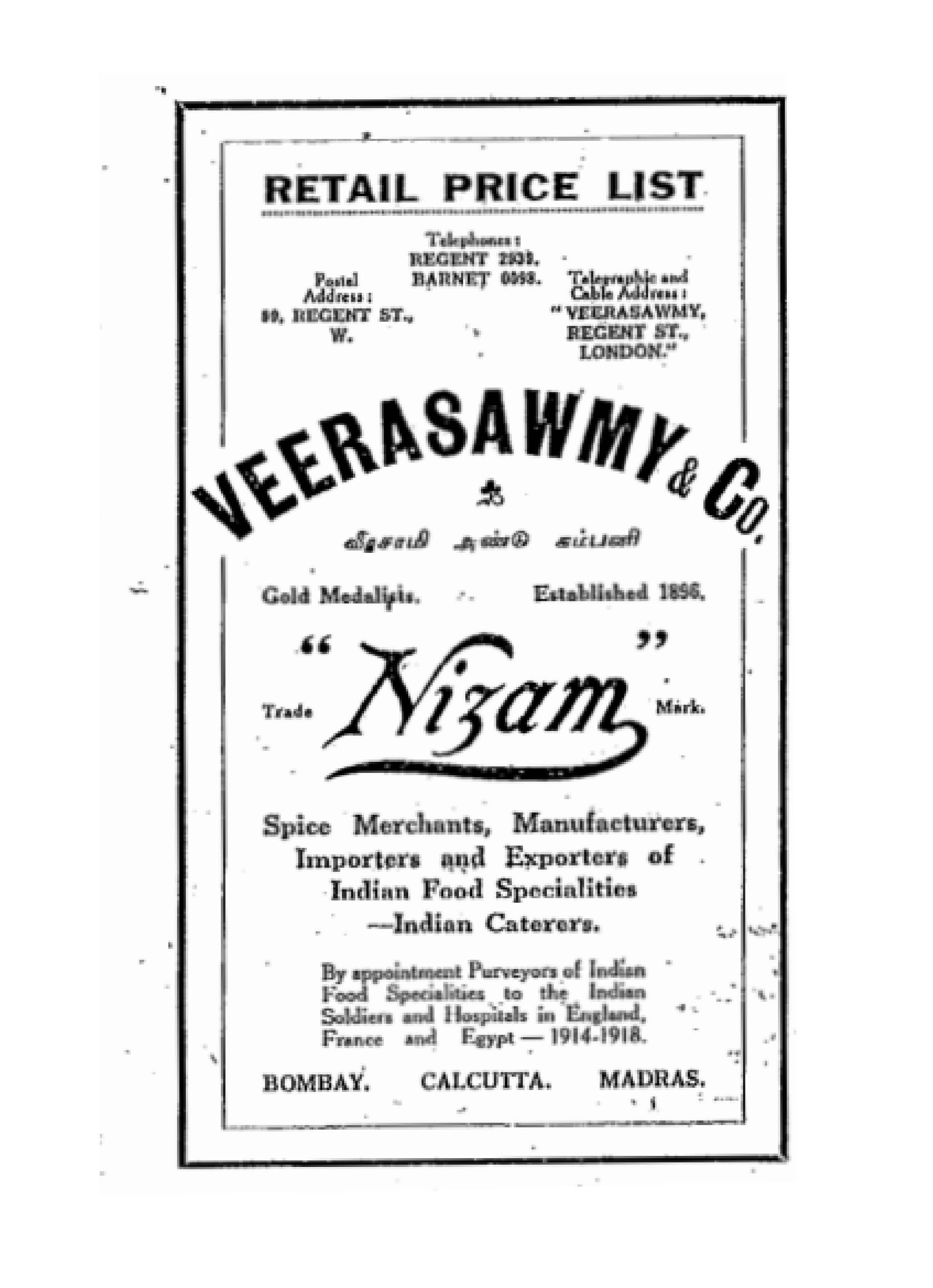 Retail Price List Veerasawmy & Co Nizam Spice Merchants