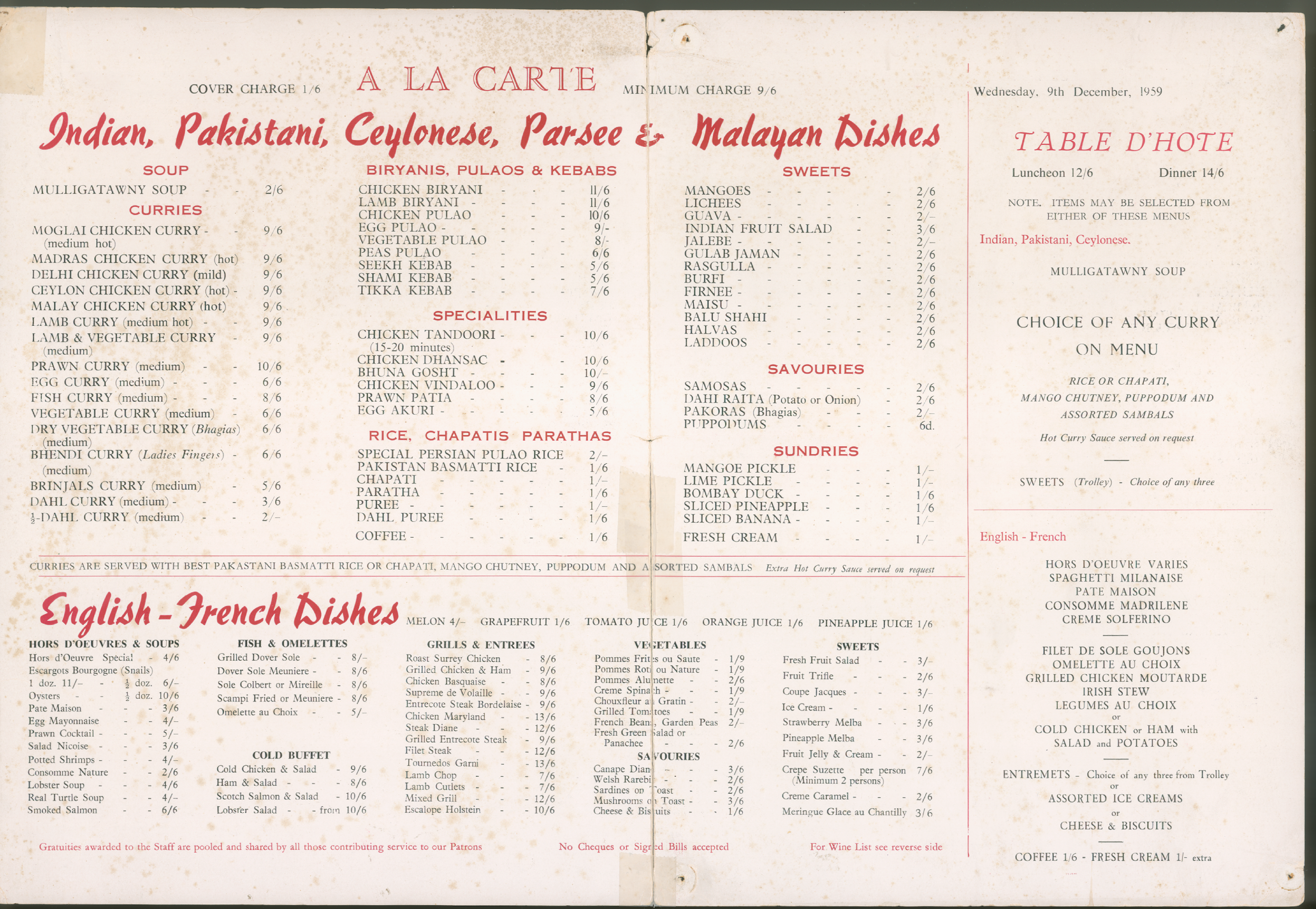 1959 Veeraswamy Menu